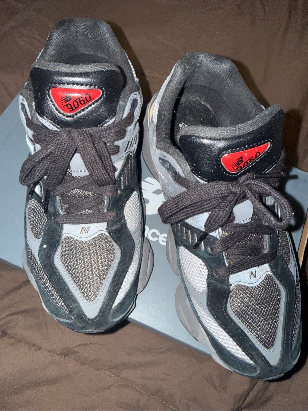 New Balance Men’s 9060 Black and Gray Athletic Sneakers with Red Logo Accents